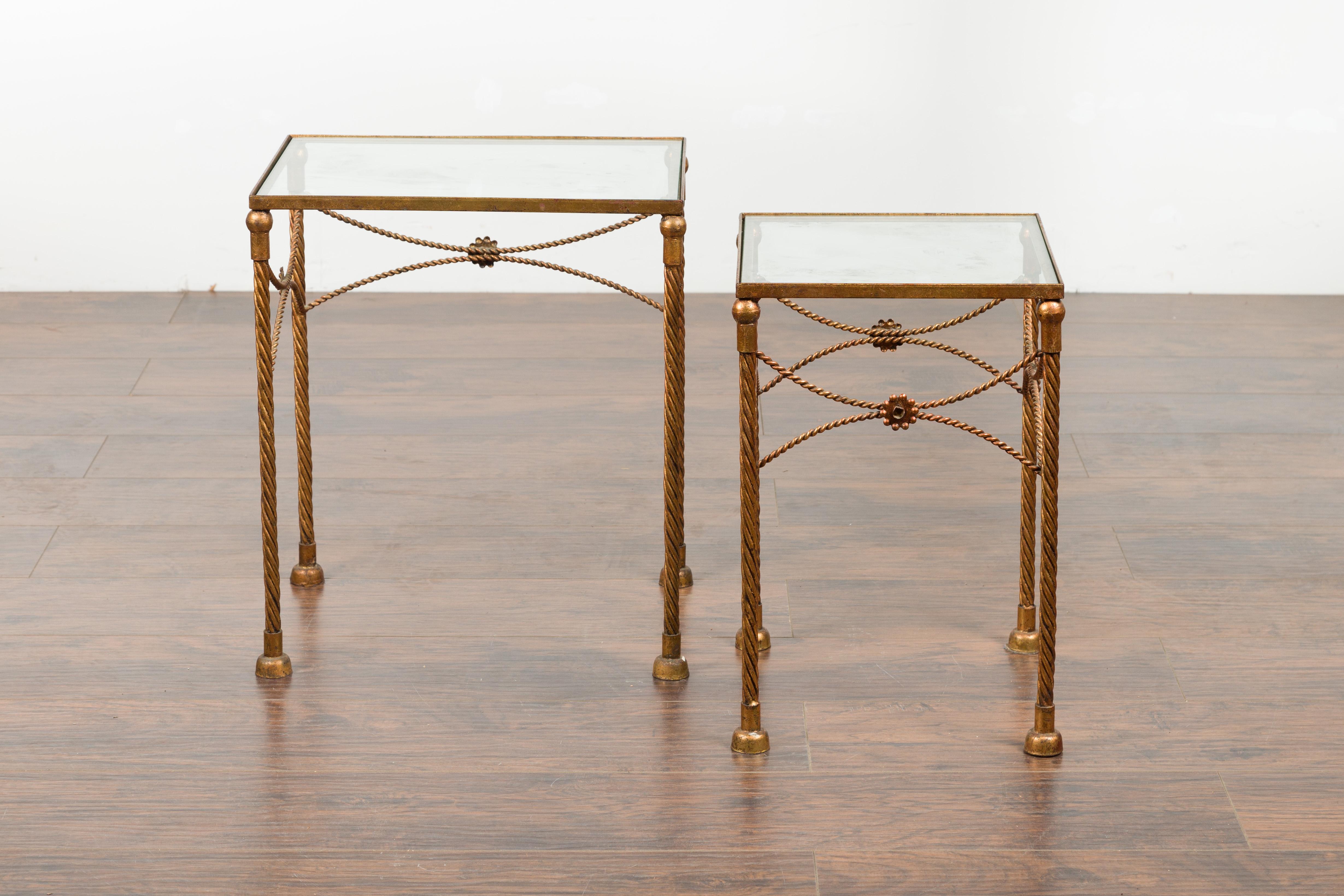 Pair of Vintage French Gilt Metal Midcentury Nesting Tables with Glass Tops In Good Condition For Sale In Atlanta, GA