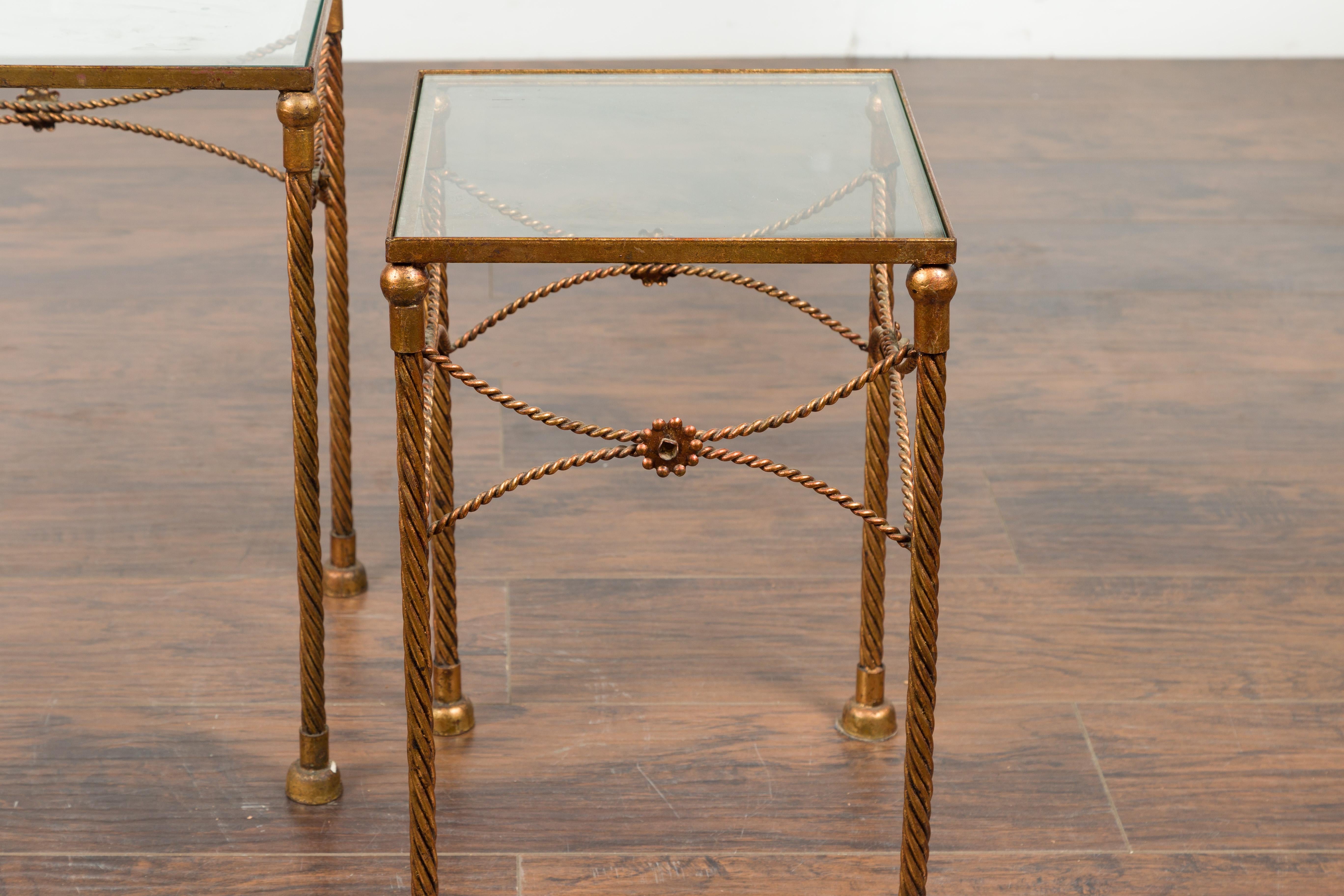 20th Century Pair of Vintage French Gilt Metal Midcentury Nesting Tables with Glass Tops For Sale
