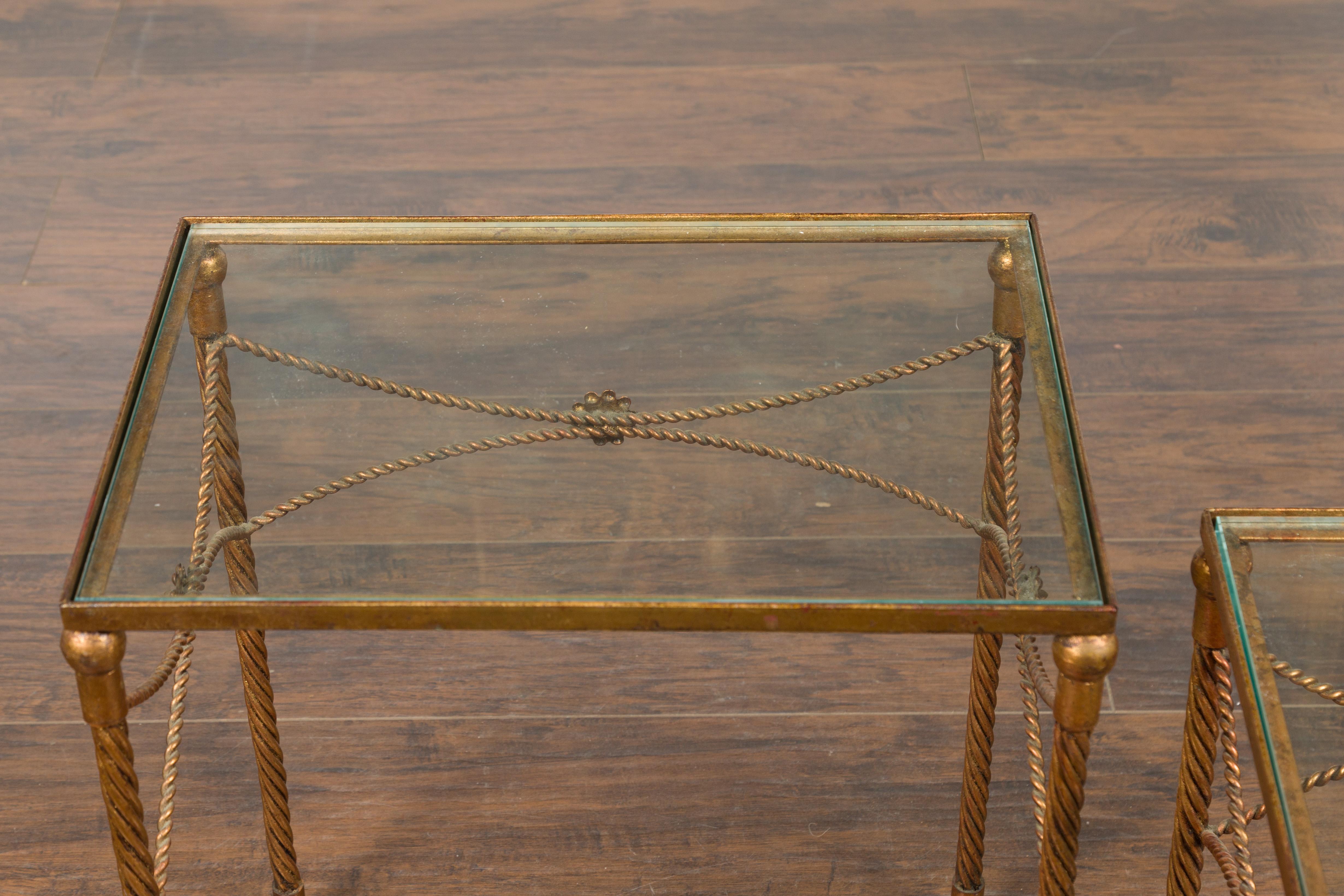Pair of Vintage French Gilt Metal Midcentury Nesting Tables with Glass Tops For Sale 1