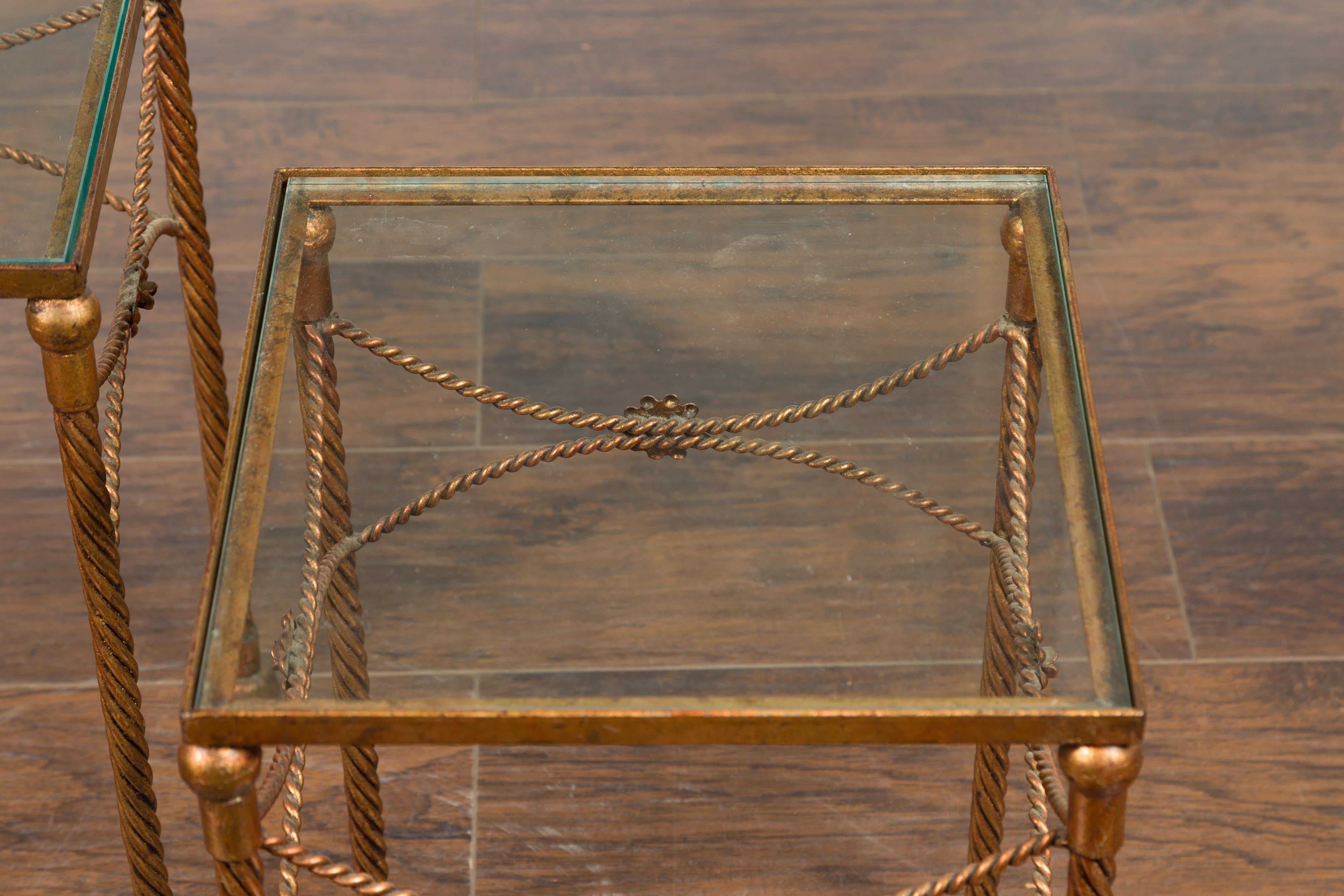 Pair of Vintage French Gilt Metal Midcentury Nesting Tables with Glass Tops For Sale 2