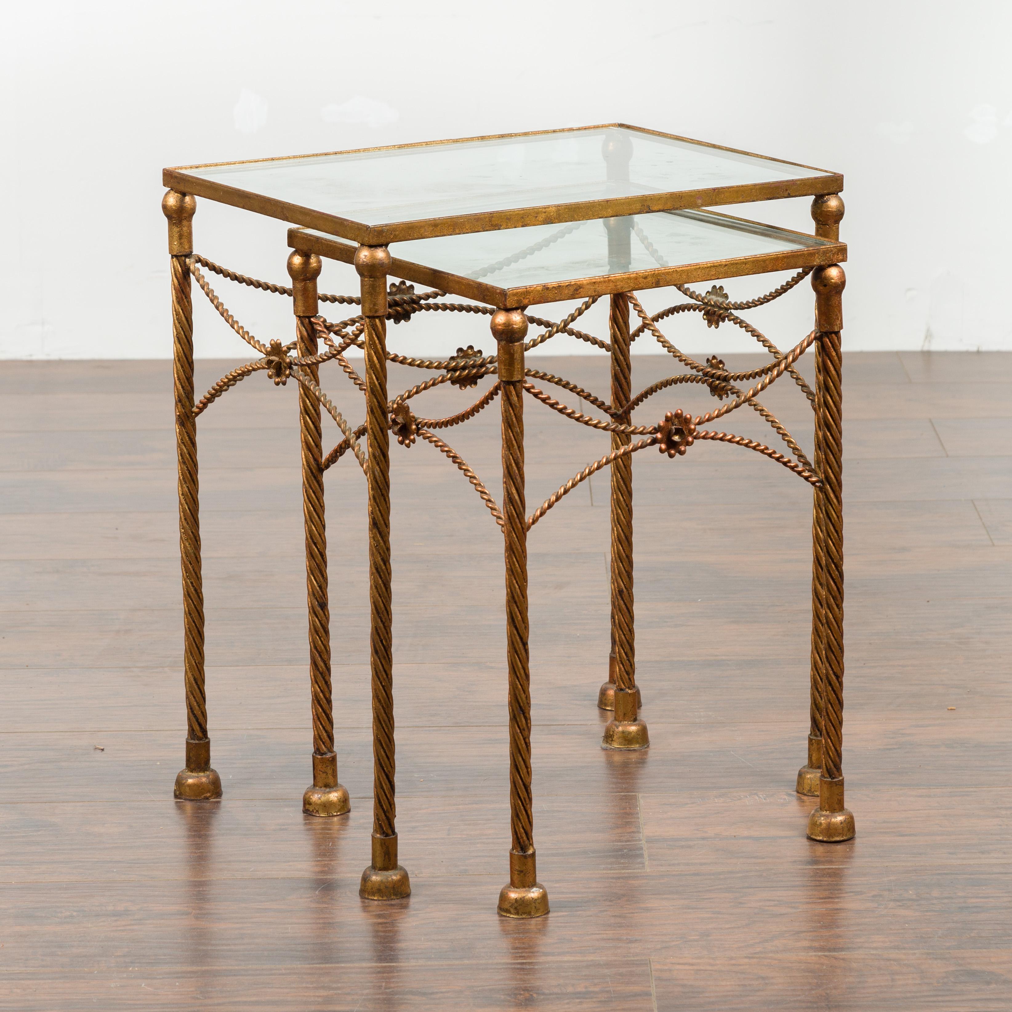 Pair of Vintage French Gilt Metal Midcentury Nesting Tables with Glass Tops For Sale 4