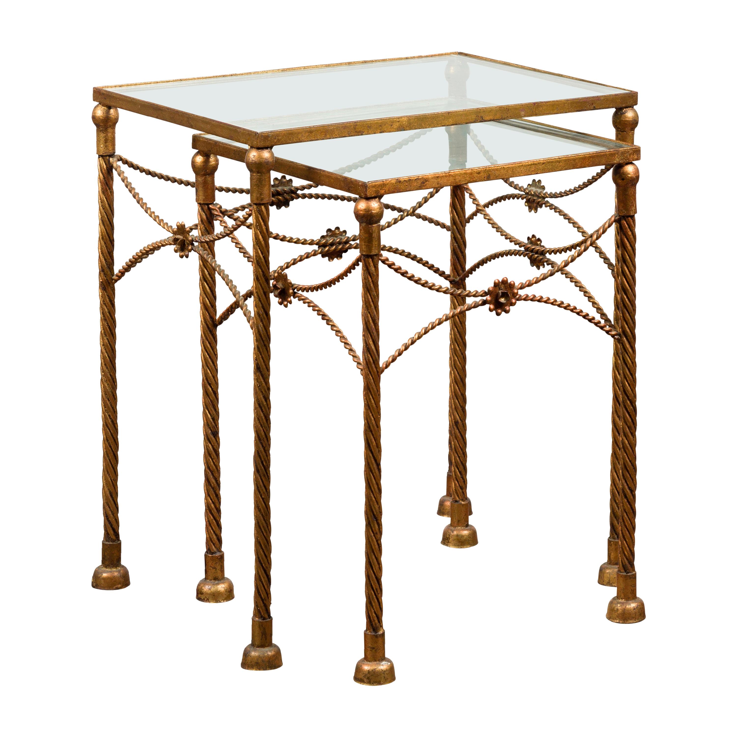 Pair of Vintage French Gilt Metal Midcentury Nesting Tables with Glass Tops For Sale