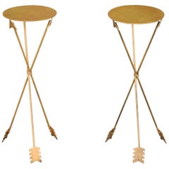 Pair of Vintage French Gilt Metal Side Tables with Arrow Style Base, circa 1950
