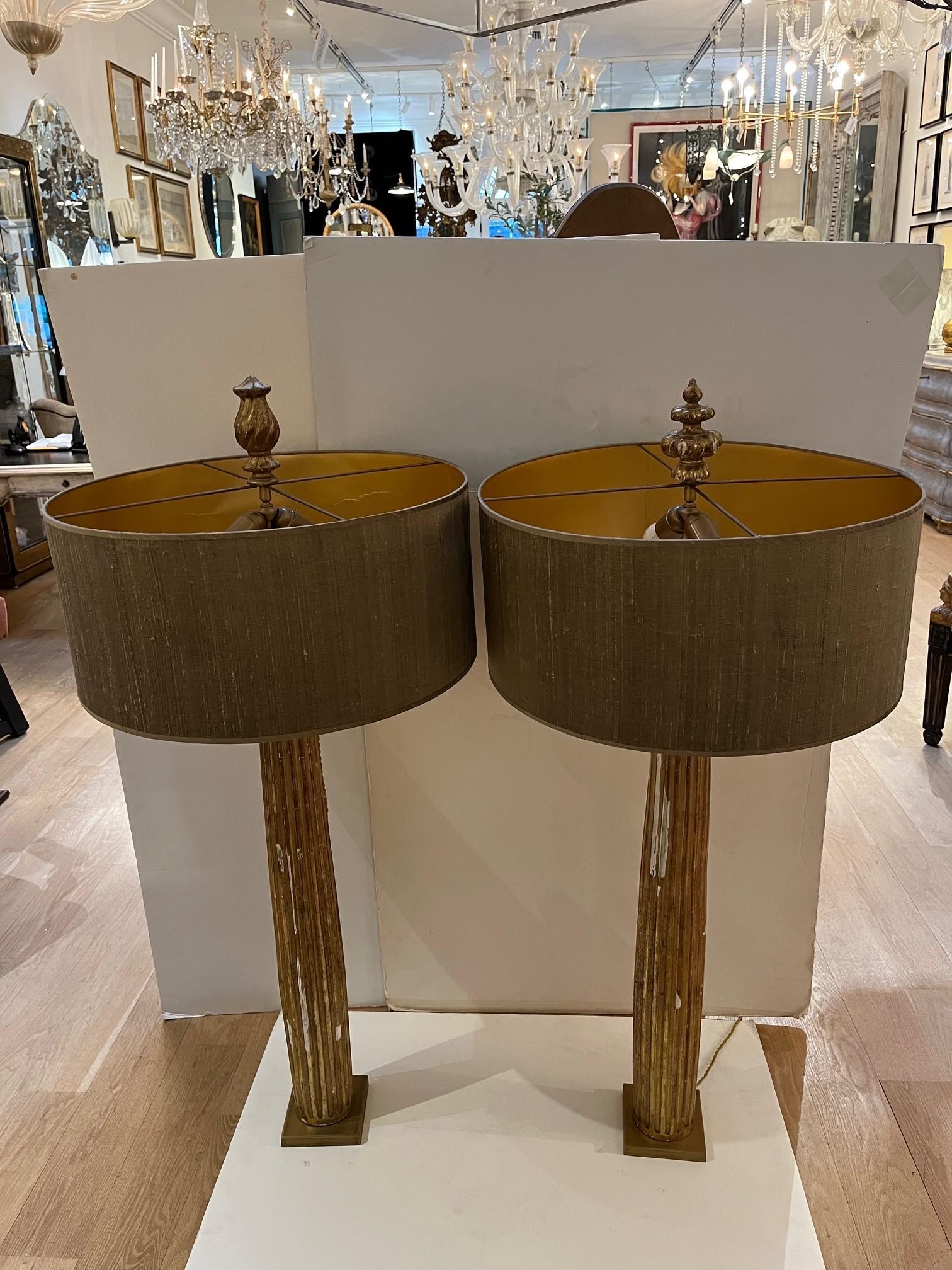 Pair Of Vintage French Gold Gilded Column Lamps with Silk Shades For Sale 4