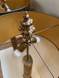 Pair Of Vintage French Gold Gilded Column Lamps with Silk Shades