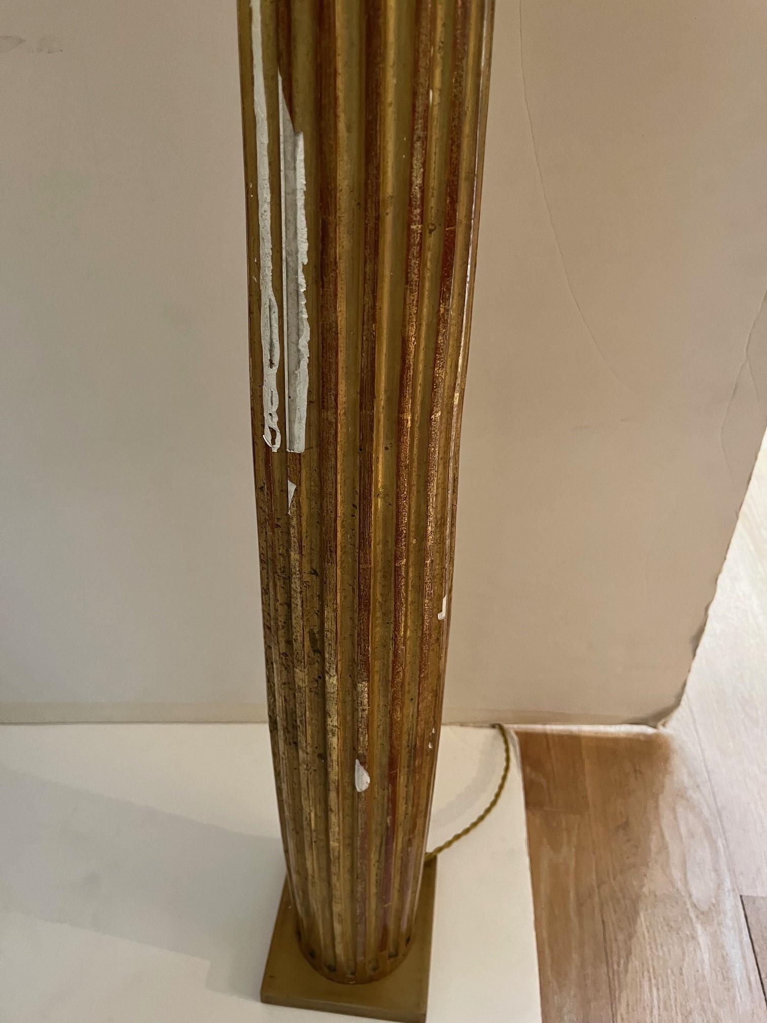 Late 18th Century Pair Of Vintage French Gold Gilded Column Lamps with Silk Shades For Sale