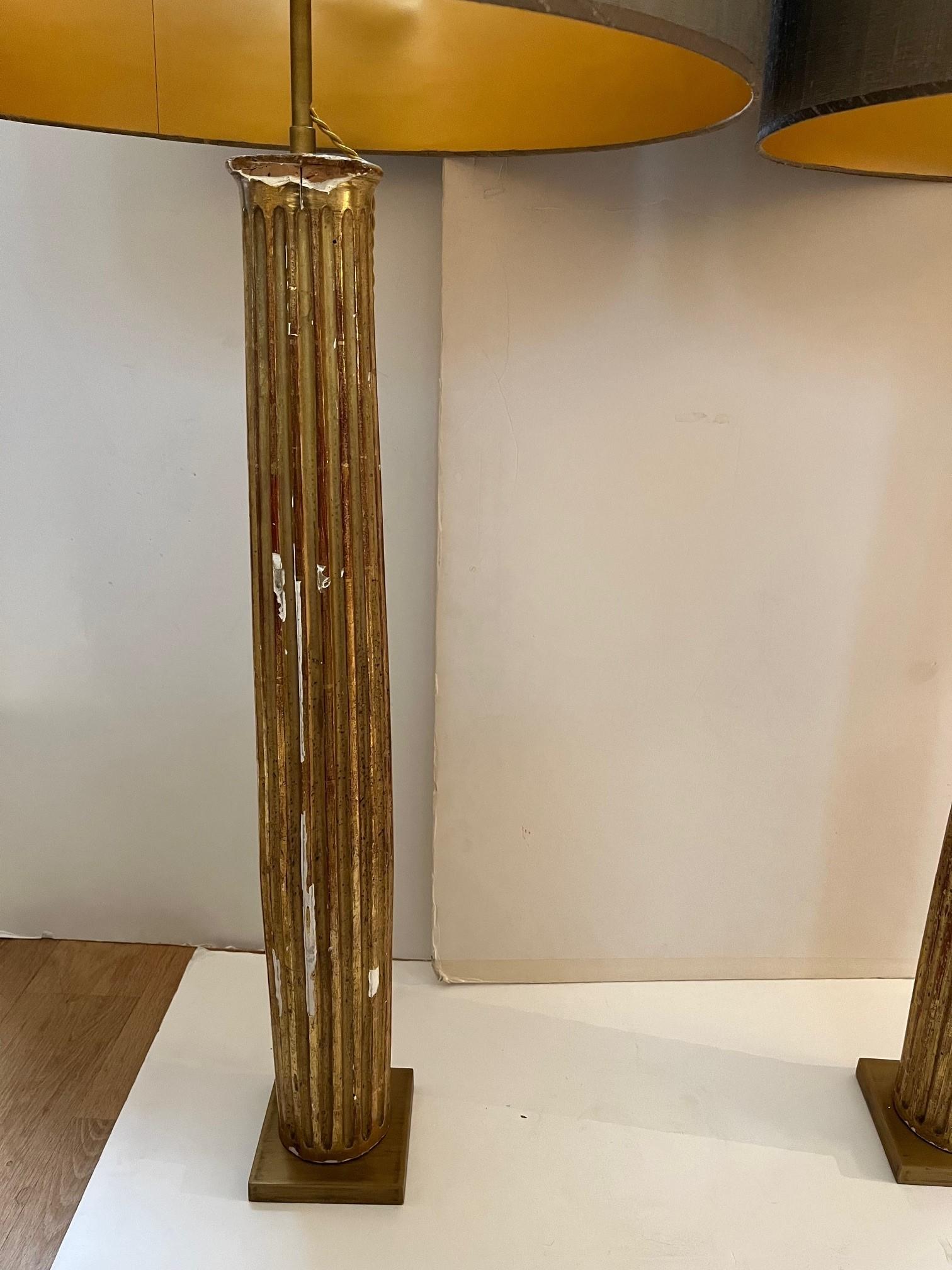 Metal Pair Of Vintage French Gold Gilded Column Lamps with Silk Shades For Sale