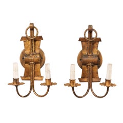 Pair of Vintage French Gold-Tone Iron Two-Light Sconces