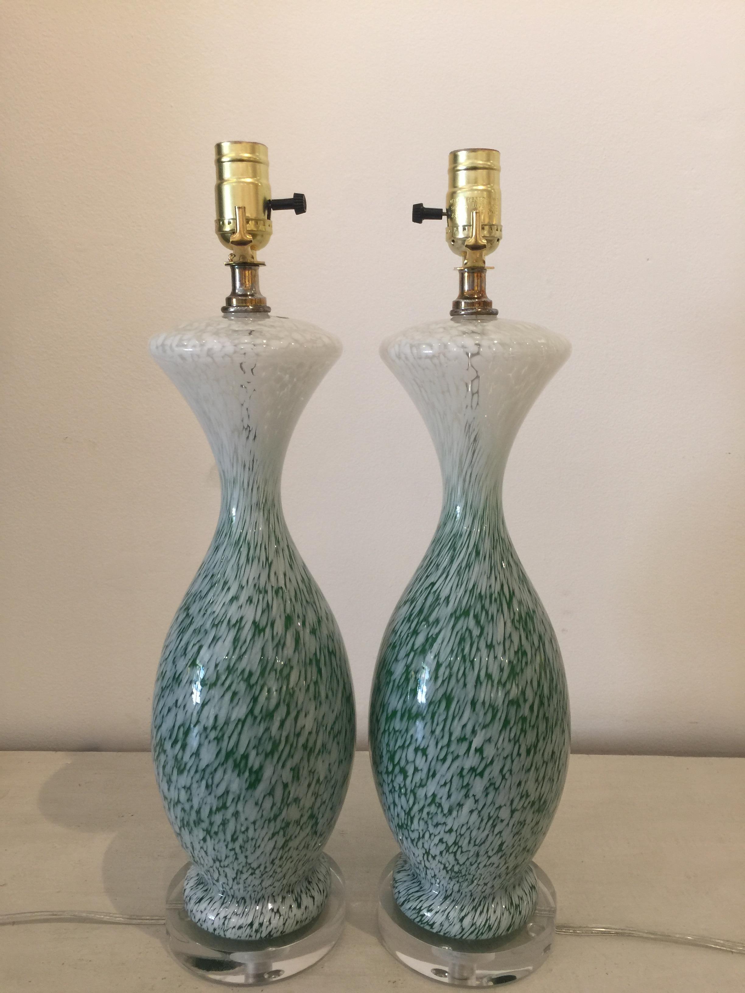 20th Century Pair of Vintage French Green and White Glass Table Lamps on Lucite Bases, 1960s