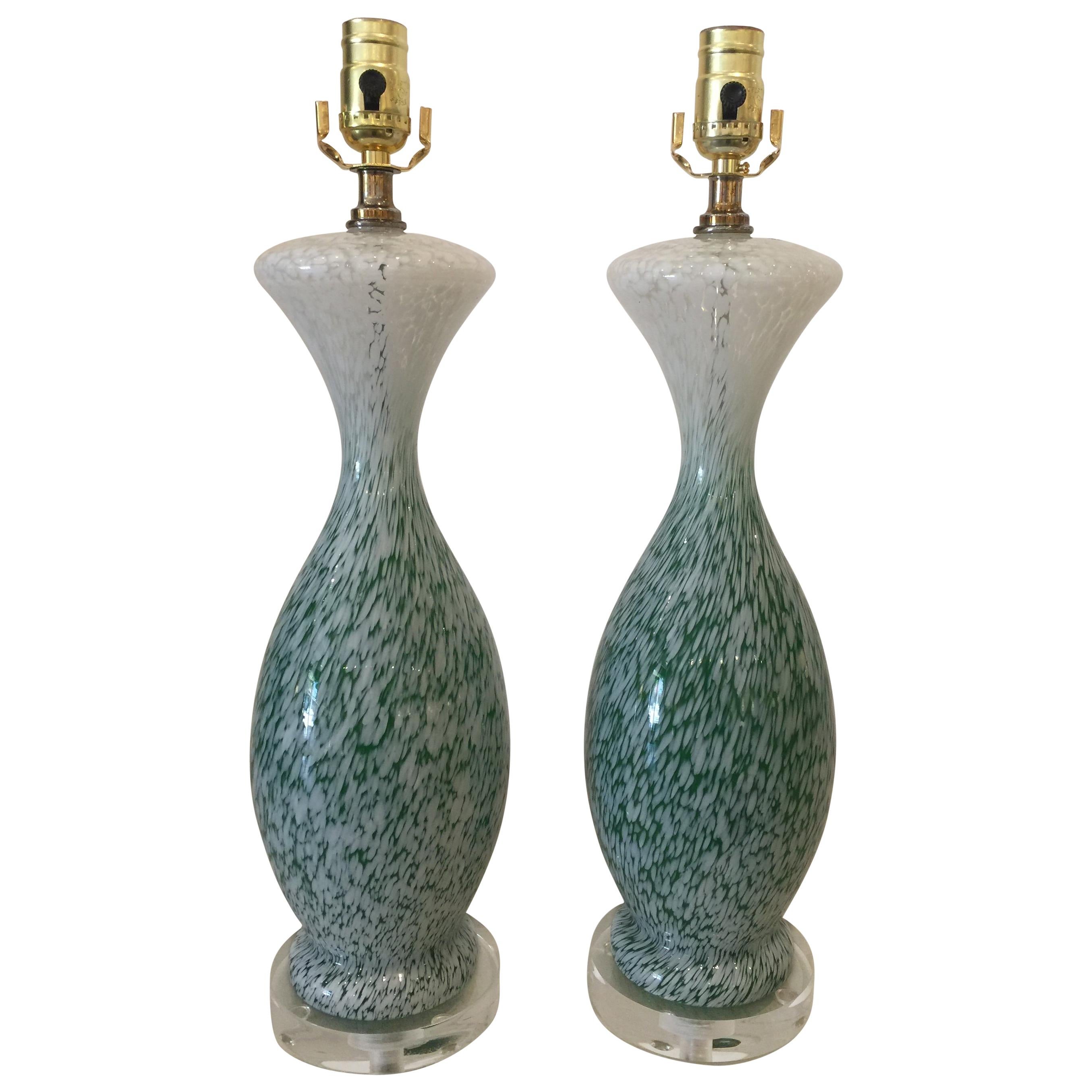 Pair of Vintage French Green and White Glass Table Lamps on Lucite Bases, 1960s