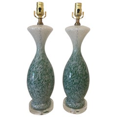 Pair of Vintage French Green and White Glass Table Lamps on Lucite Bases, 1960s