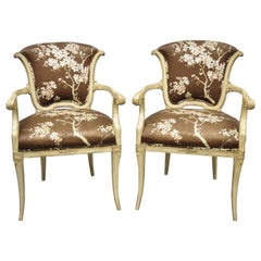 Pair of Vintage French Hollywood Regency Style Italian Cream Painted Arm Chairs
