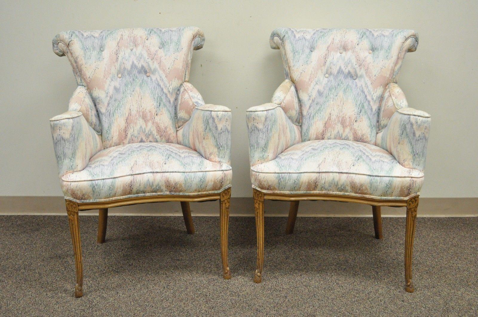 Pair of Vintage French Hollywood Regency Rolled Back Fireside Parlor Armchairs For Sale 5