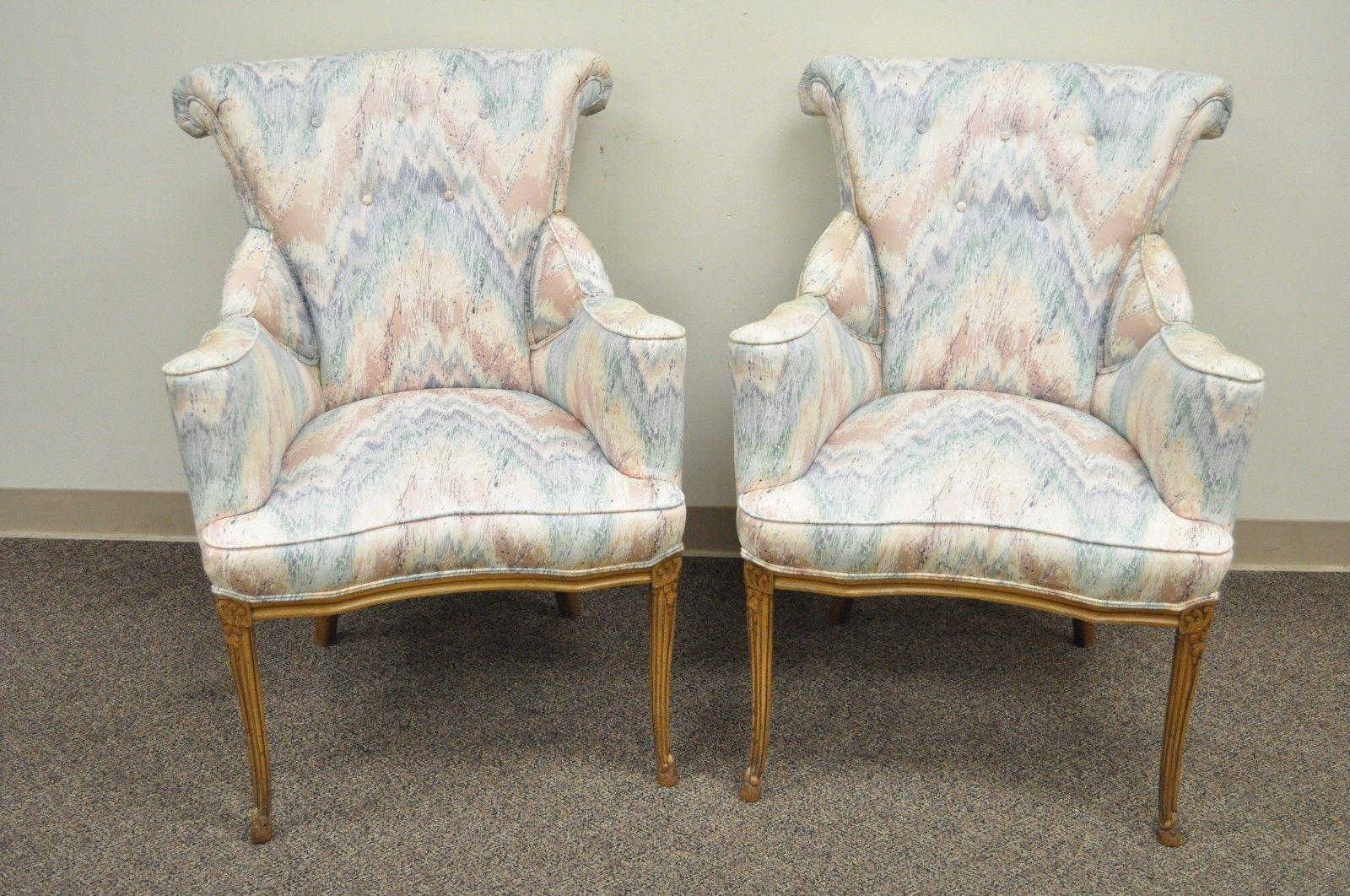 American Pair of Vintage French Hollywood Regency Rolled Back Fireside Parlor Armchairs For Sale