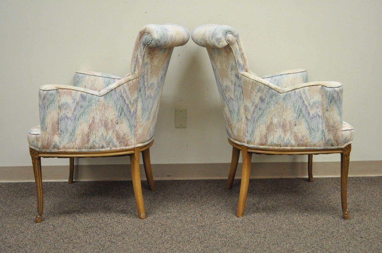 Pair of Vintage French Hollywood Regency Rolled Back Fireside Parlor Armchairs In Good Condition For Sale In Philadelphia, PA