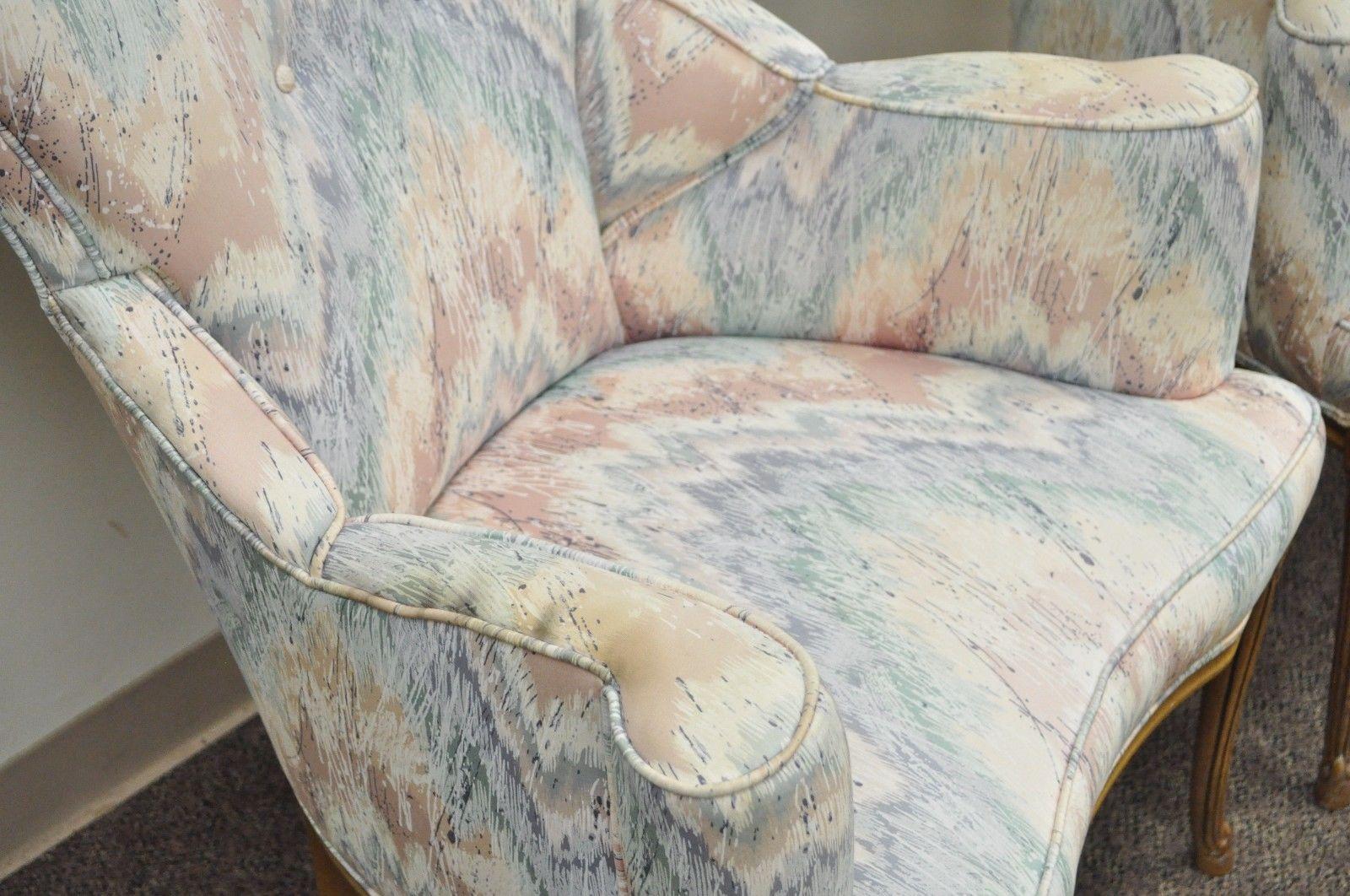 Fabric Pair of Vintage French Hollywood Regency Rolled Back Fireside Parlor Armchairs For Sale