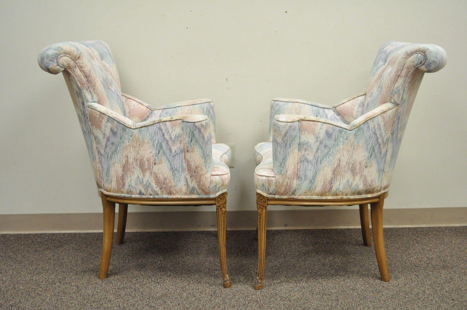 Pair of Vintage French Hollywood Regency Rolled Back Fireside Parlor Armchairs For Sale 1