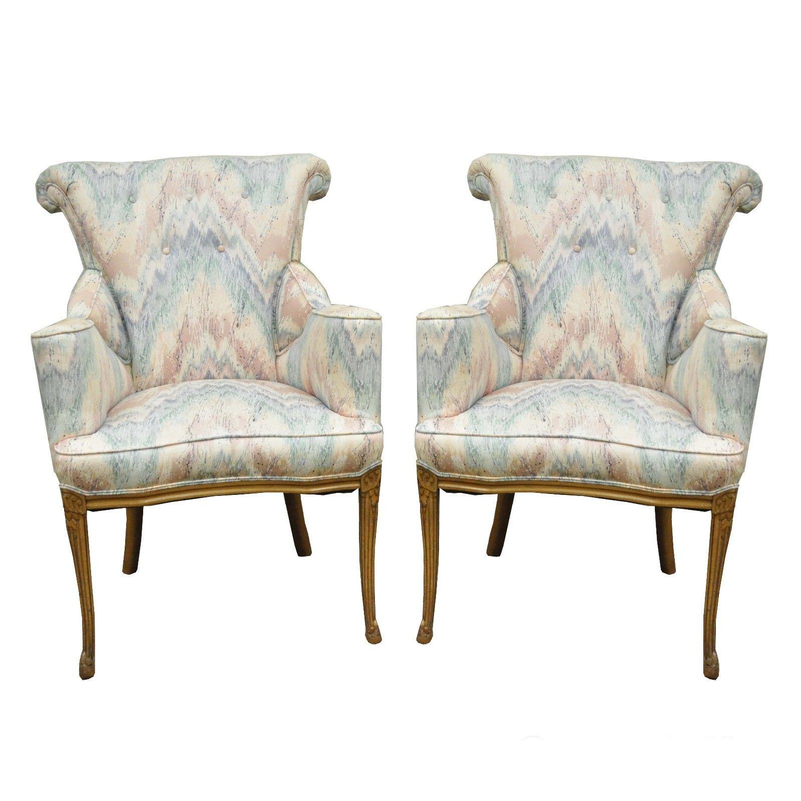 Pair of Vintage French Hollywood Regency Rolled Back Fireside Parlor Armchairs For Sale