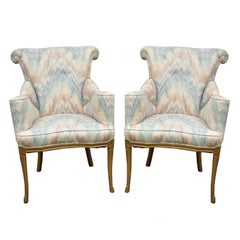 Pair of Vintage French Hollywood Regency Rolled Back Fireside Parlor Armchairs