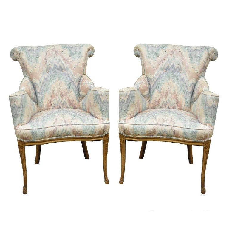 Pair Of Vintage French Hollywood Regency Rolled Back Fireside Parlor Armchairs For Sale At 1stdibs
