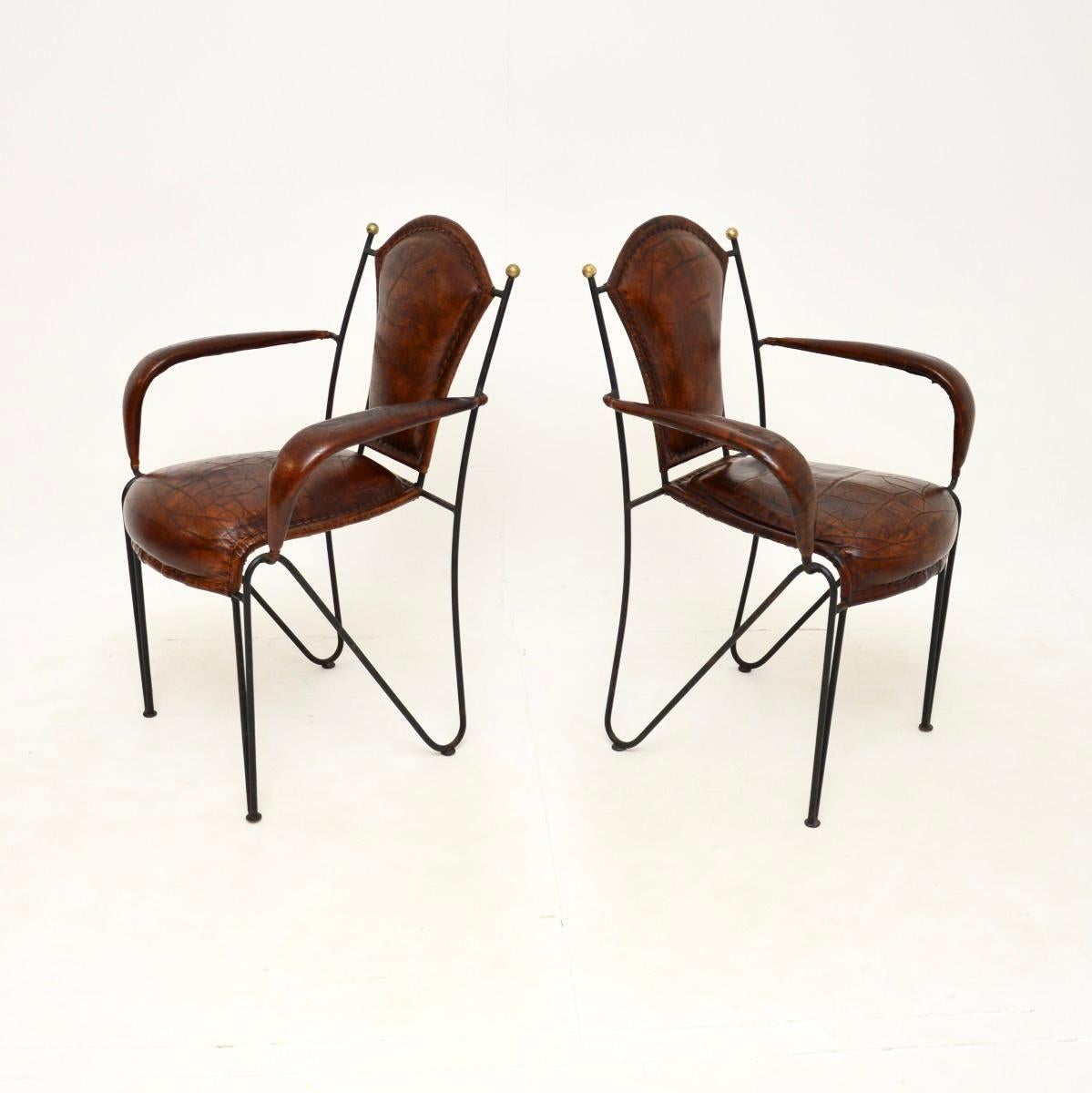 Pair of Vintage French Iron and Leather Armchairs In Good Condition For Sale In London, GB