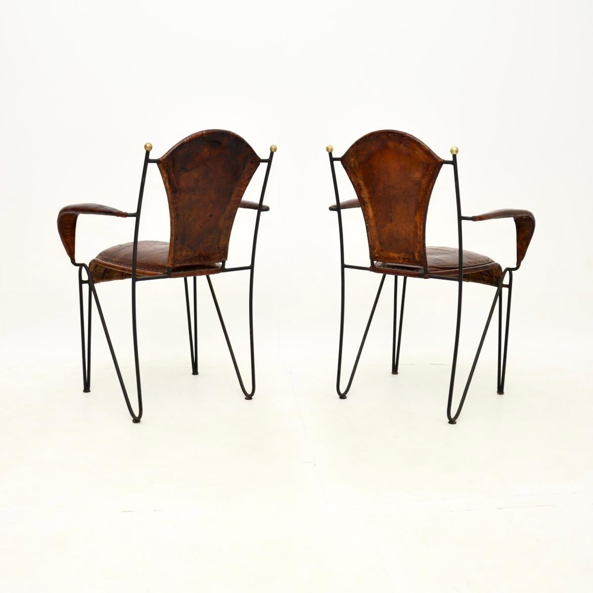 Mid-20th Century Pair of Vintage French Iron and Leather Armchairs For Sale