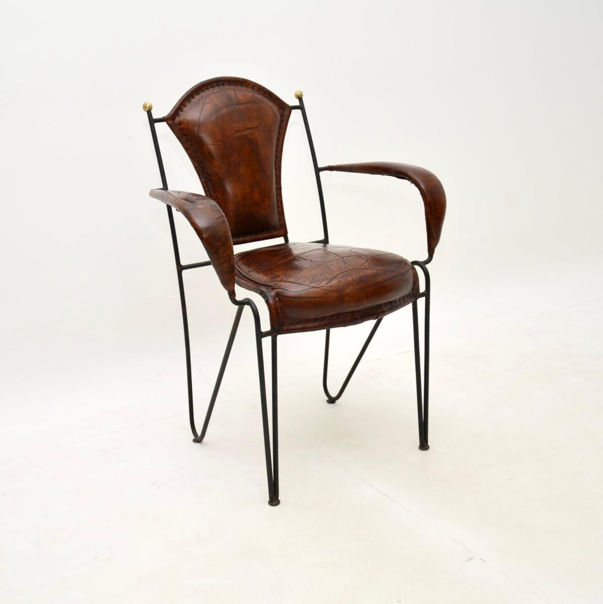 Pair of Vintage French Iron and Leather Armchairs For Sale 2