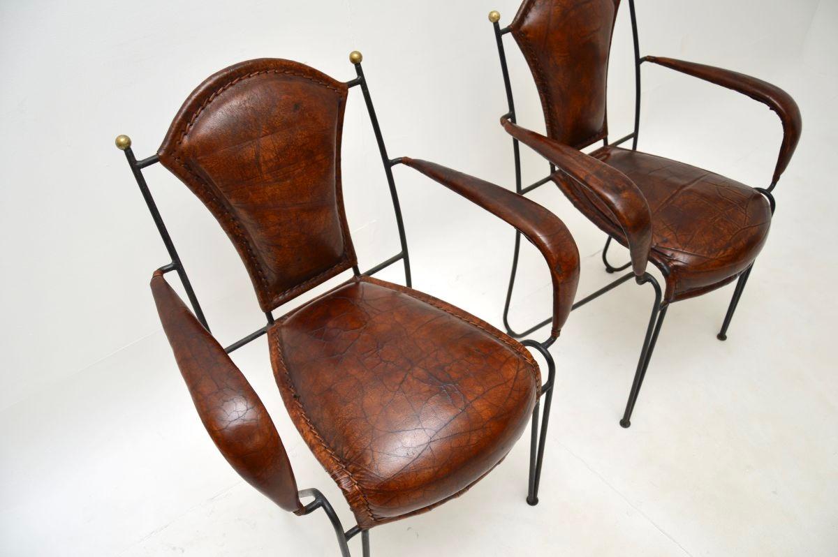 Pair of Vintage French Iron and Leather Armchairs For Sale 3