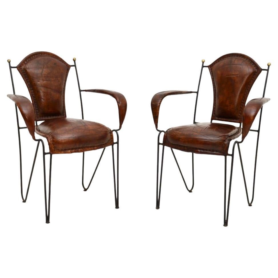 Pair of Vintage French Iron and Leather Armchairs For Sale