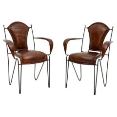 Pair of Vintage French Iron and Leather Armchairs