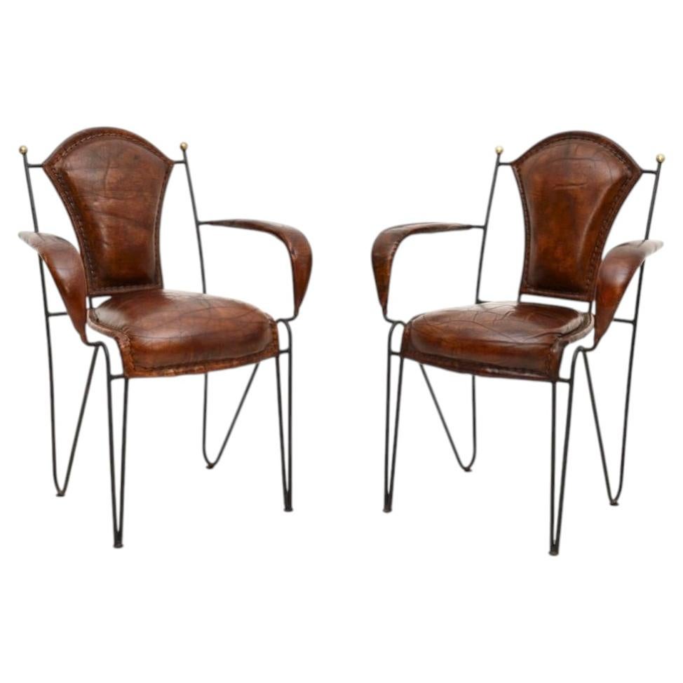 Pair of Vintage French Iron and Leather Armchairs