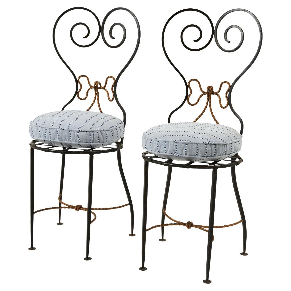 Pair of Vintage French Iron Chairs with Schumacher Fabric