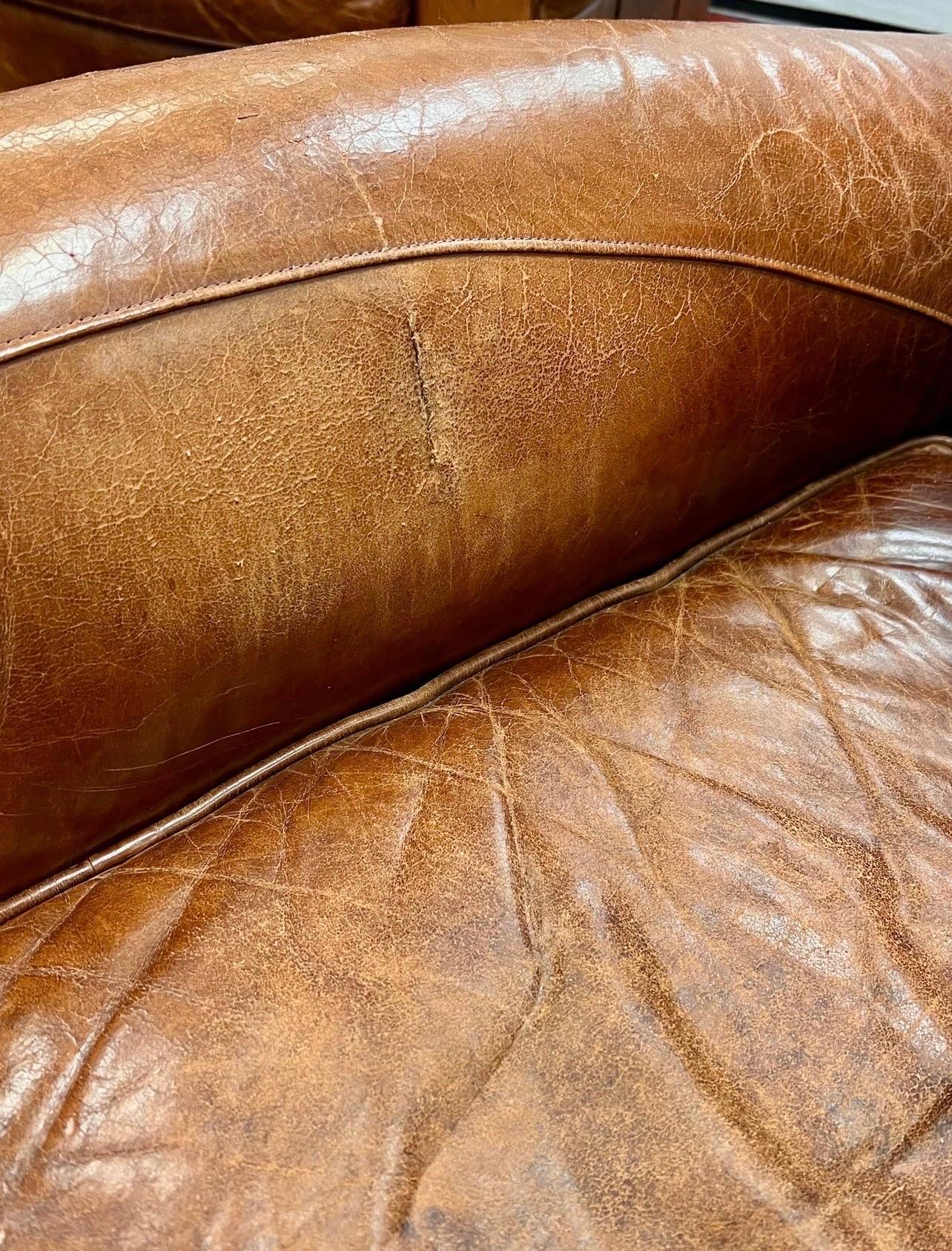 Pair of Vintage French Leather Cigar Club Chairs and Matching Ottomans 6