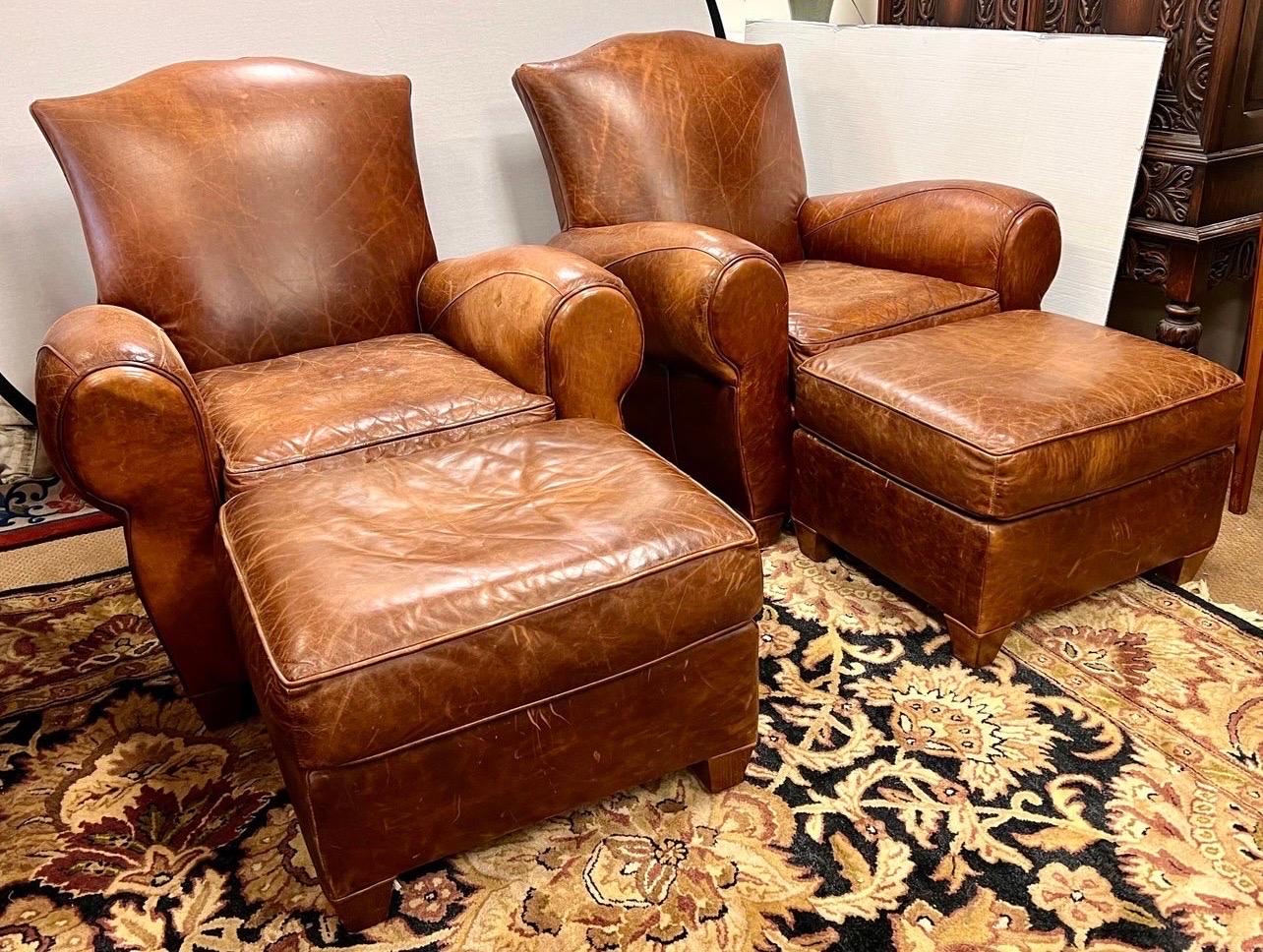 Pair of Vintage French Leather Cigar Club Chairs and Matching Ottomans 7