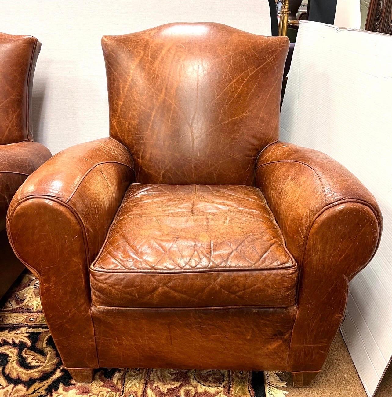 Pair of Vintage French Leather Cigar Club Chairs and Matching Ottomans In Good Condition In West Hartford, CT