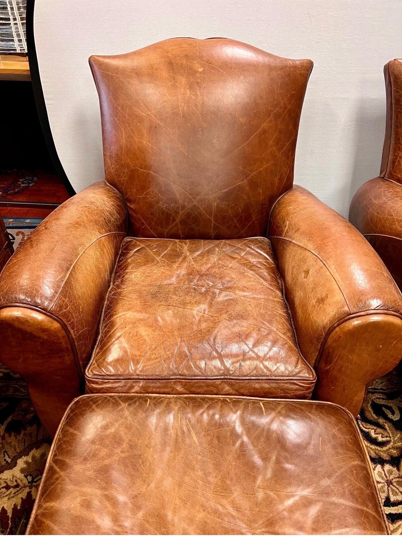 20th Century Pair of Vintage French Leather Cigar Club Chairs and Matching Ottomans