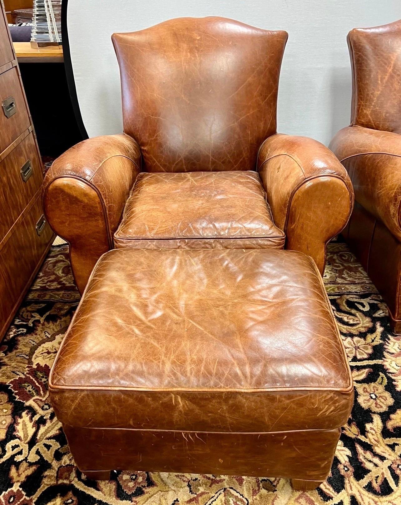 Pair of Vintage French Leather Cigar Club Chairs and Matching Ottomans 1