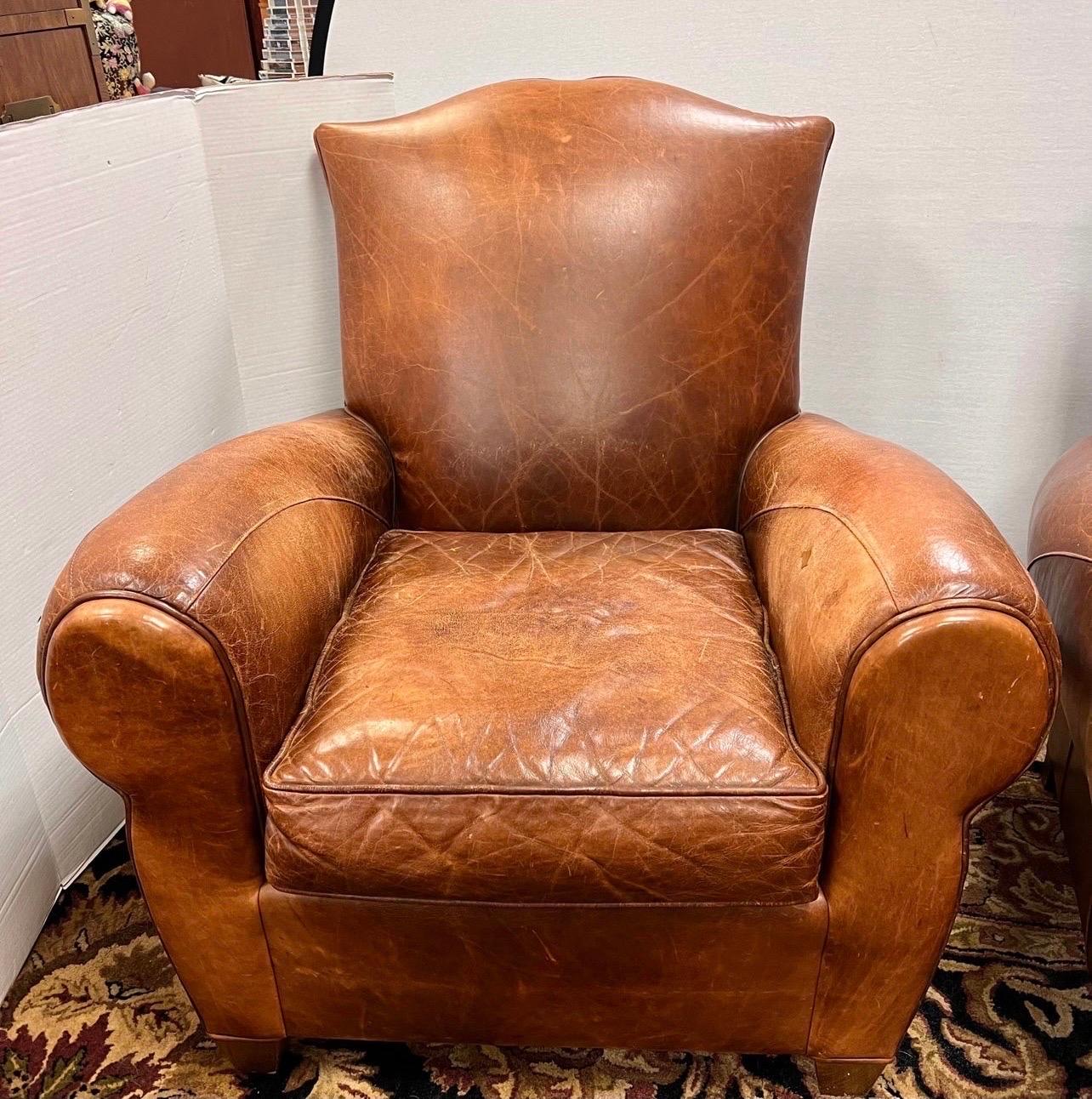 Pair of Vintage French Leather Cigar Club Chairs and Matching Ottomans 2