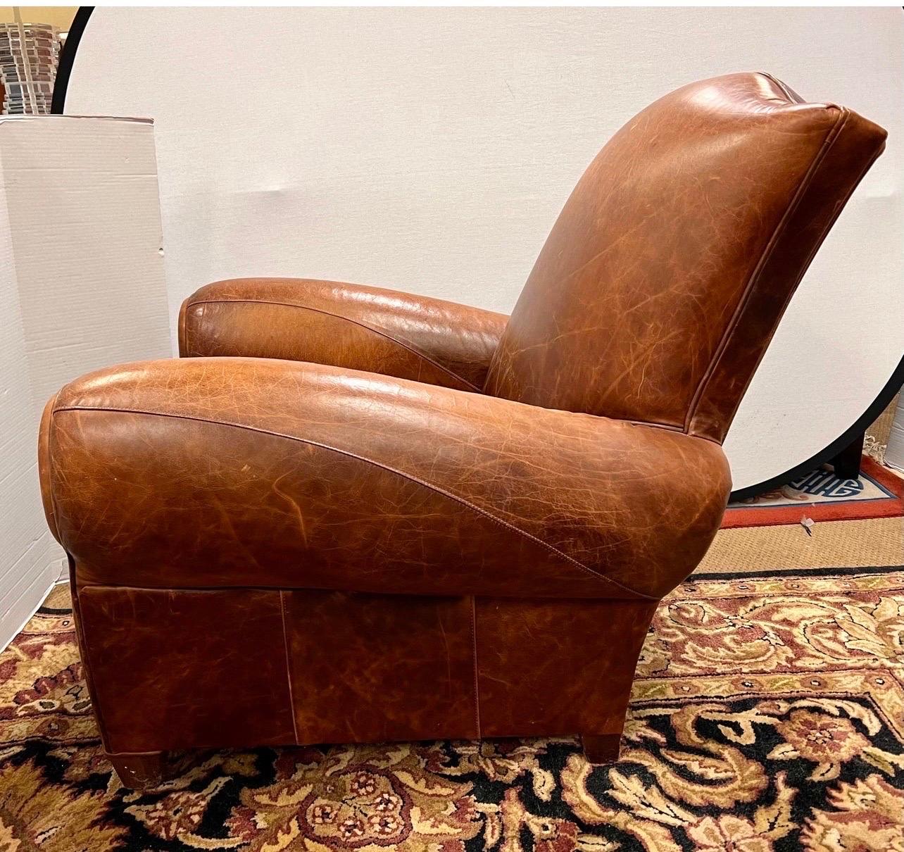 Pair of Vintage French Leather Cigar Club Chairs and Matching Ottomans 3