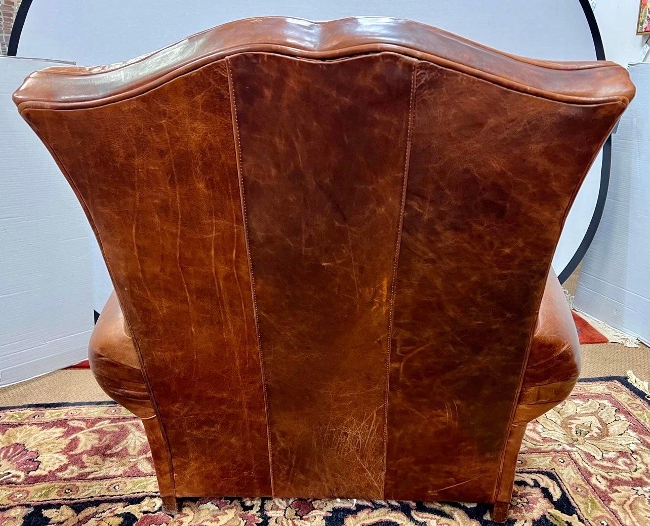Pair of Vintage French Leather Cigar Club Chairs and Matching Ottomans 4