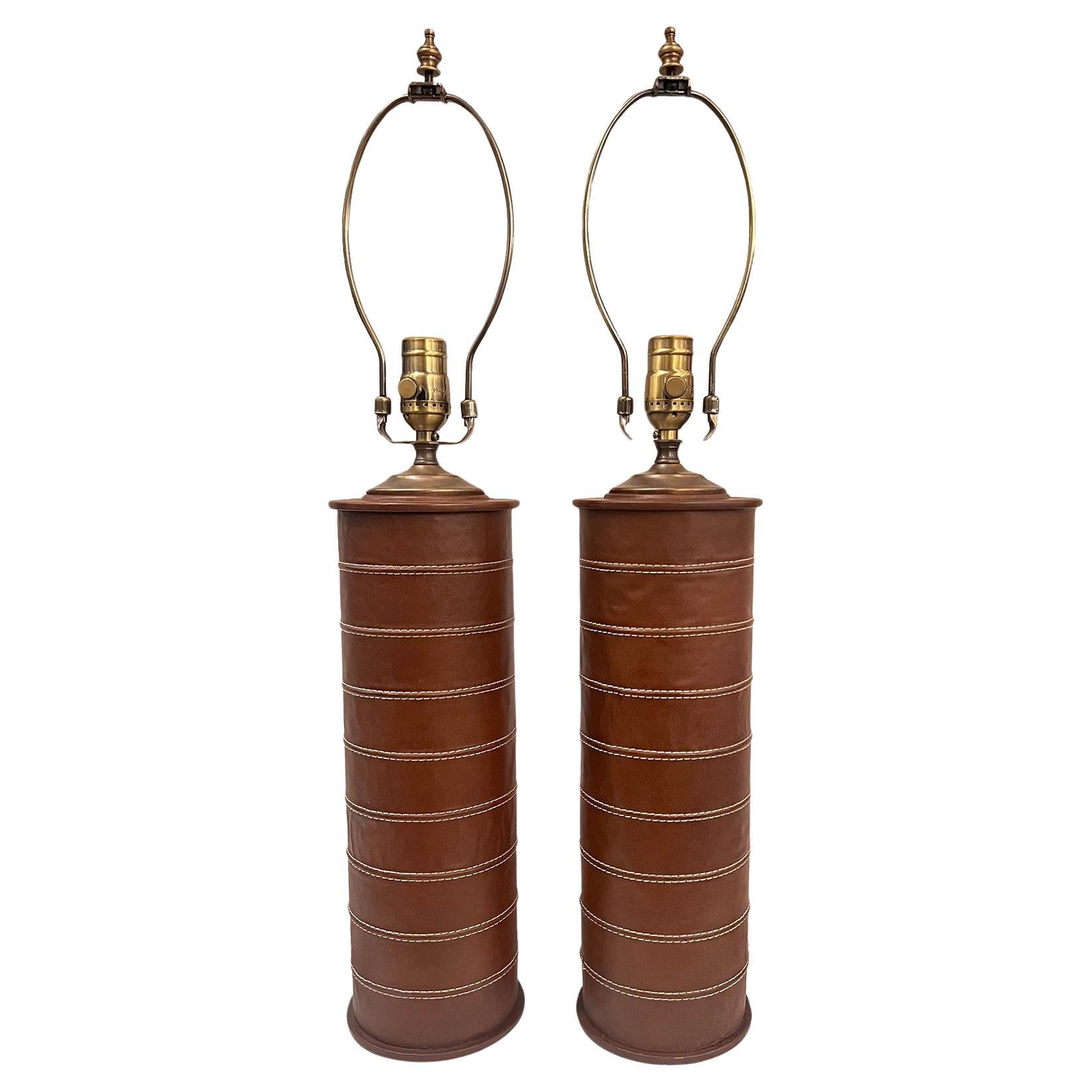 Pair of Vintage French Leather Lamps For Sale