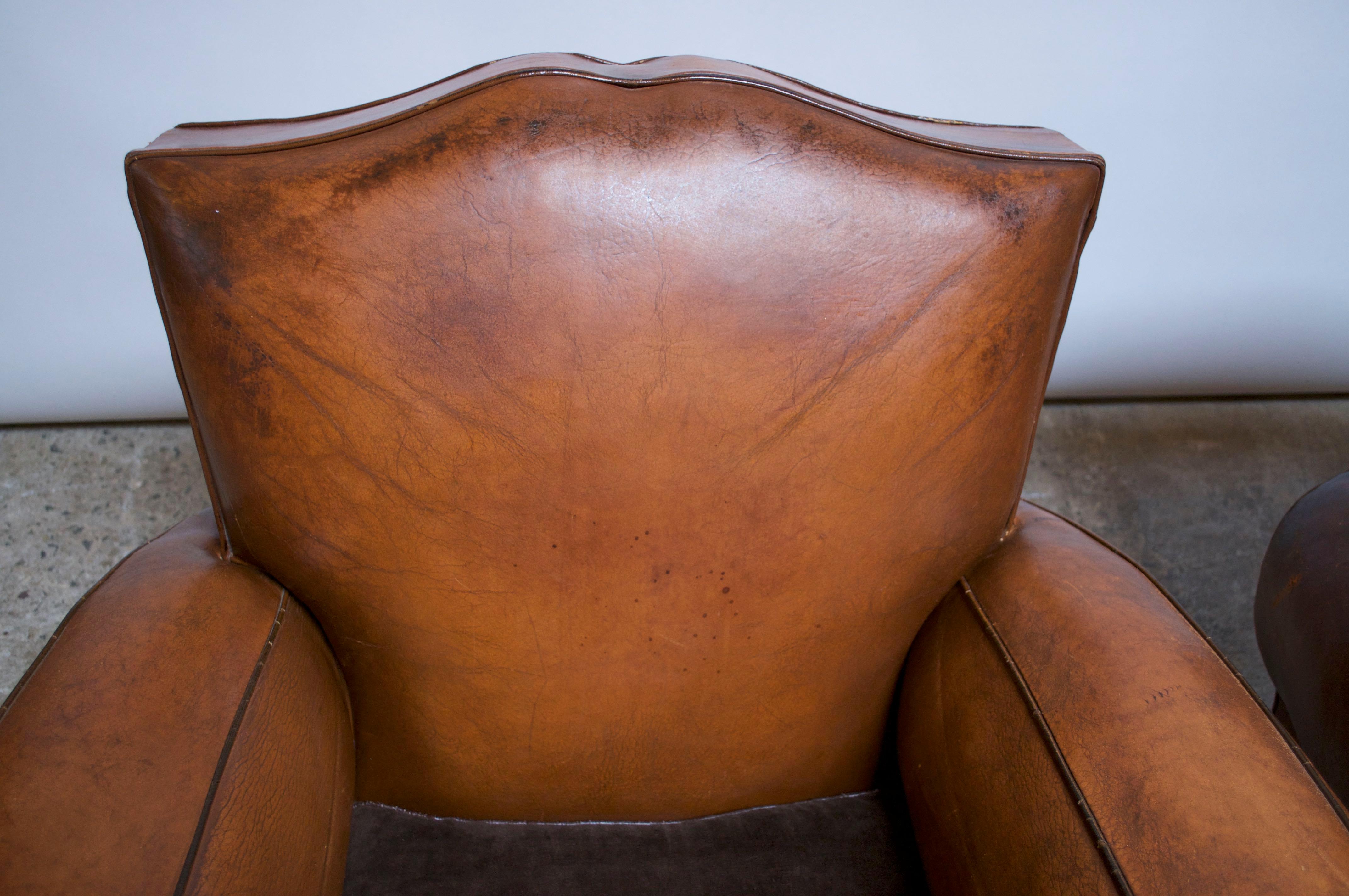 Pair of Vintage French Leather 'Mustache' Club Chairs 1