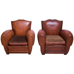 Pair of Vintage French Leather 'Mustache' Club Chairs