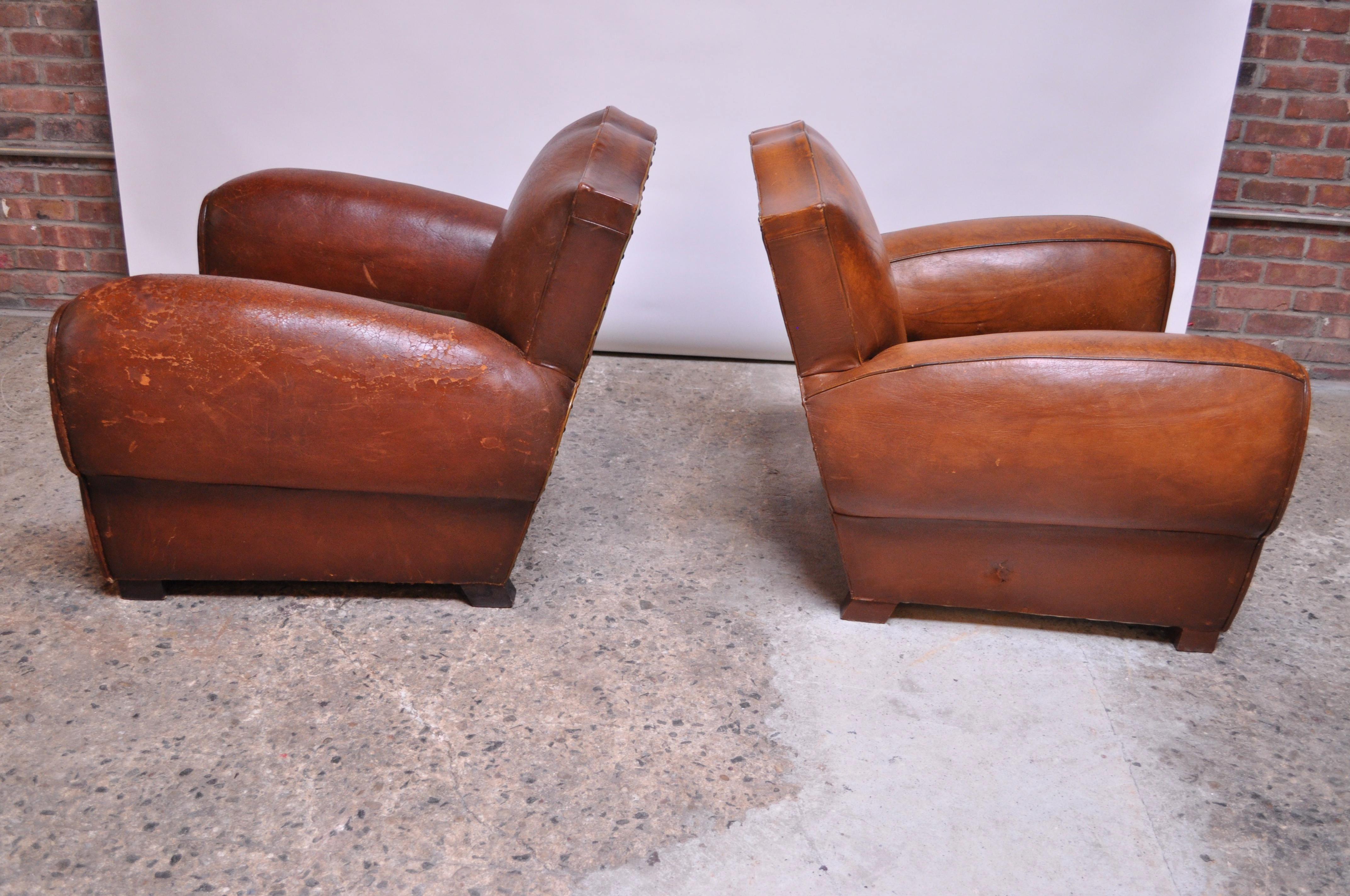 Art Deco Pair of Vintage French Leather 'Mustache' Club Chairs