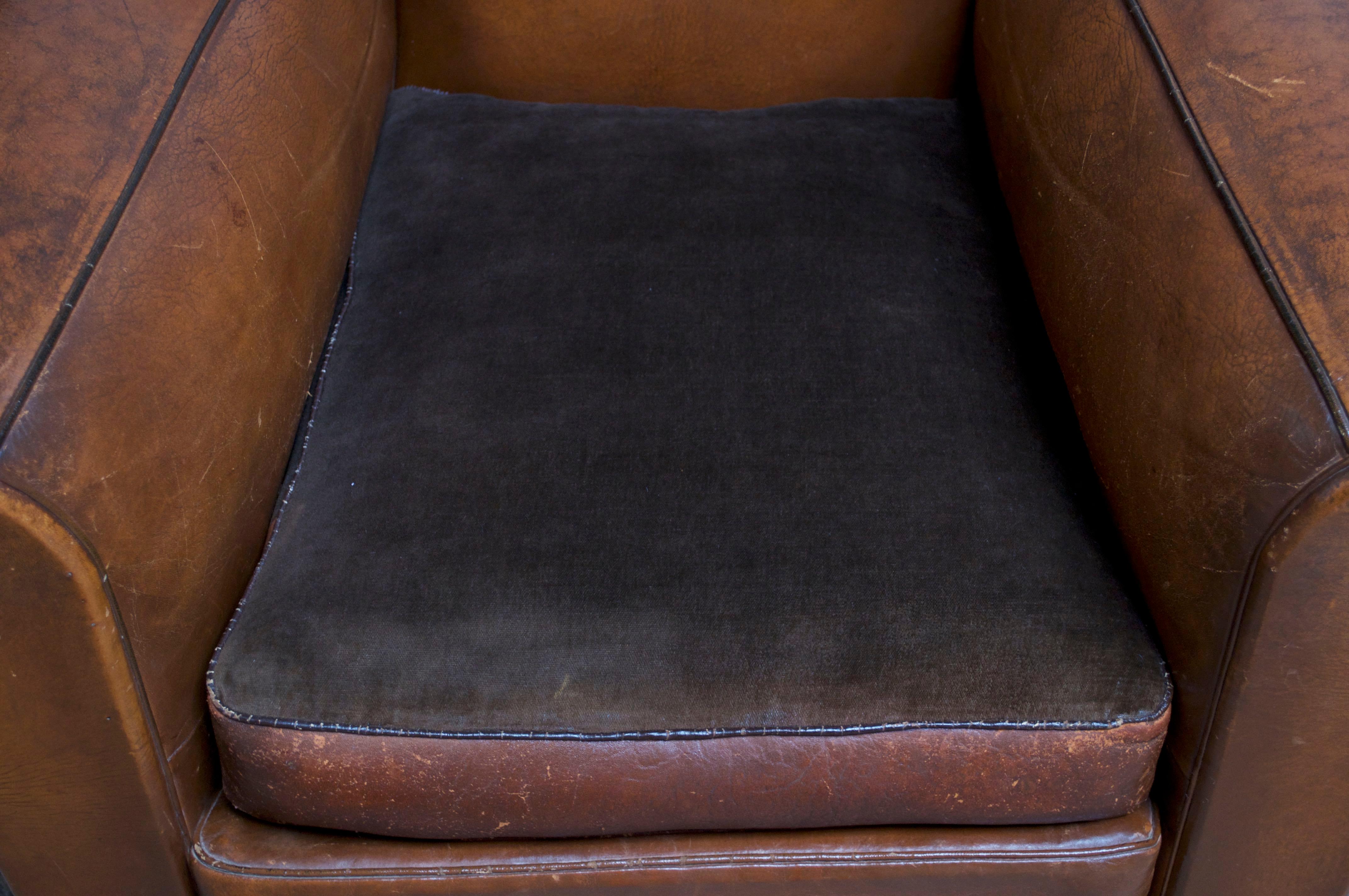 Mid-20th Century Pair of Vintage French Leather 'Mustache' Club Chairs