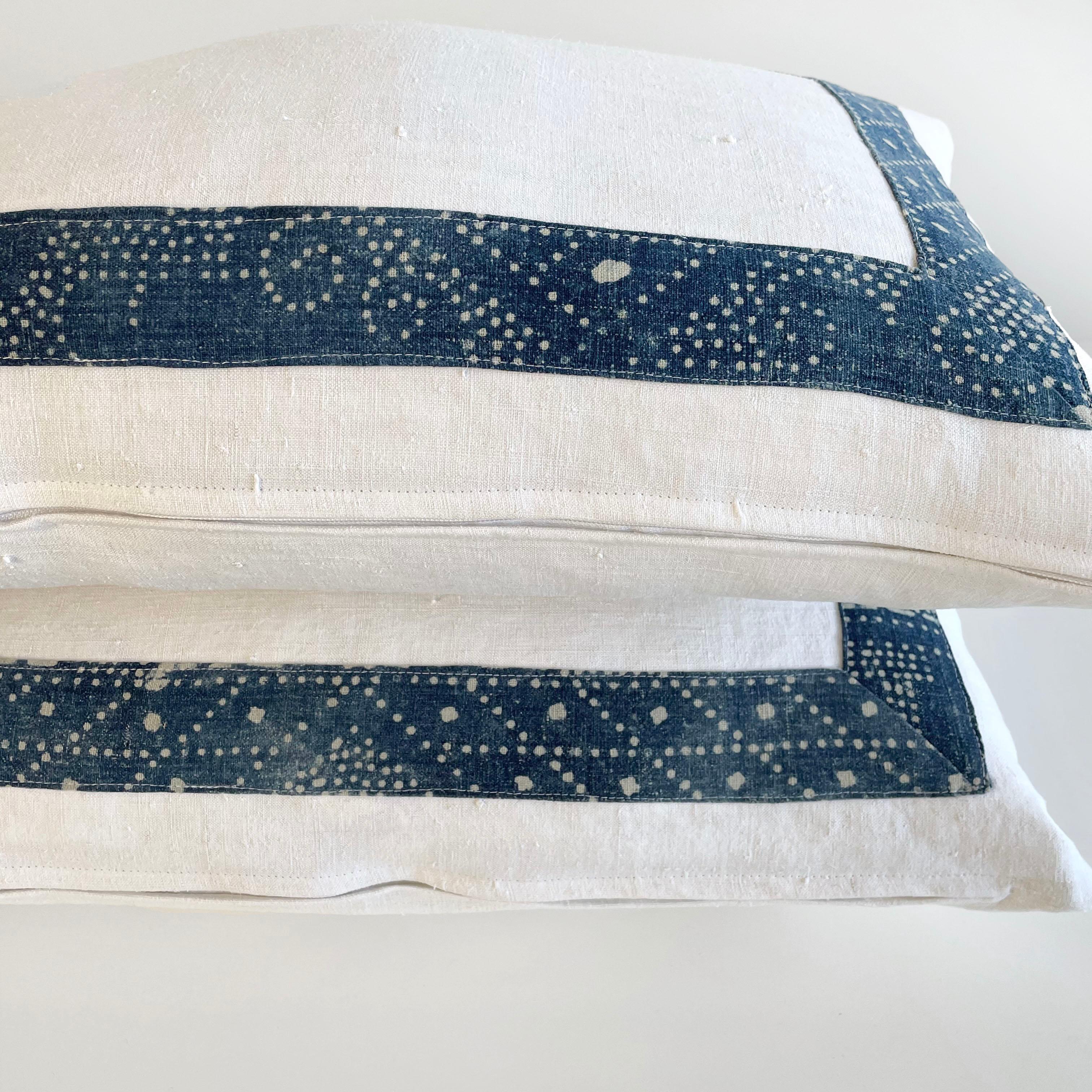 20th Century Pair of Vintage French Linen and Batik Lumbar Pillows