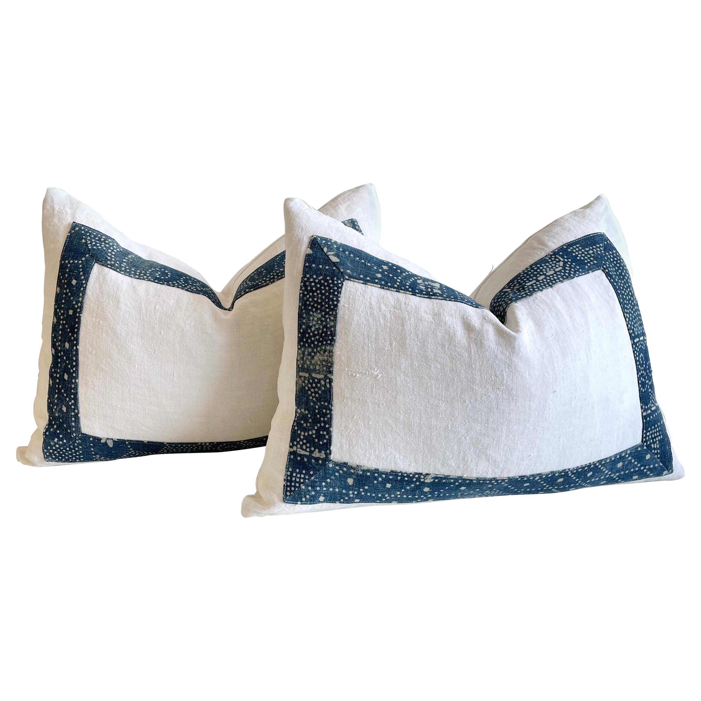 Pair of Vintage French Linen and Batik Lumbar Pillows
