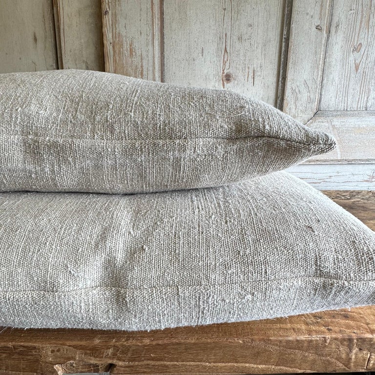 Pair of Vintage French Linen Grainsack Standard Size Pillow Shams For