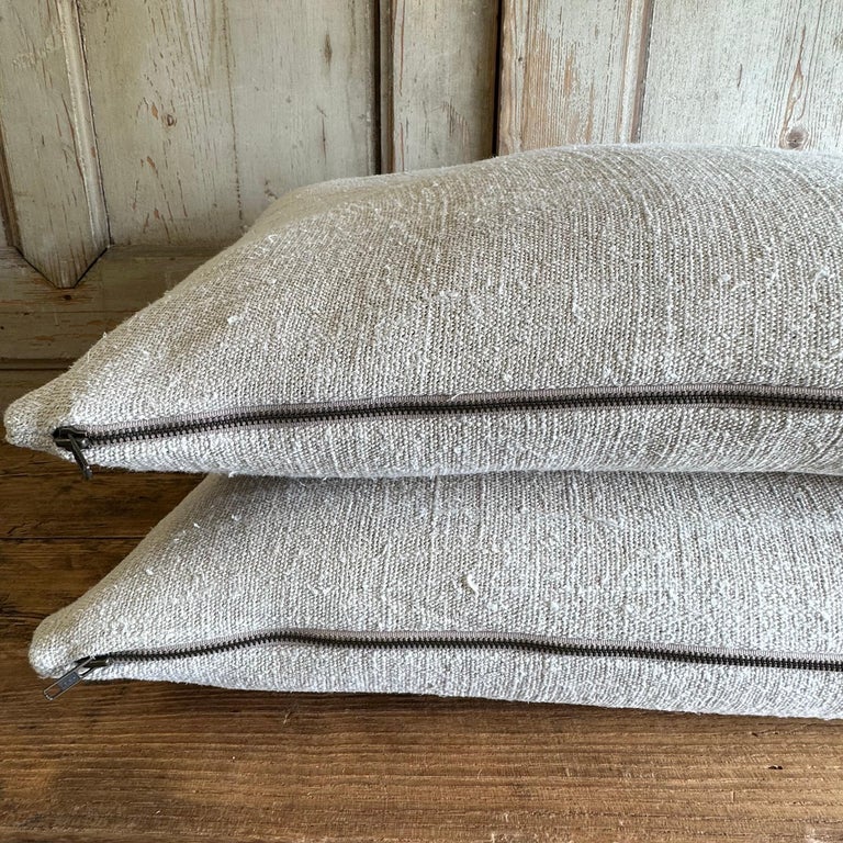 Pair of Vintage French Linen Grainsack Standard Size Pillow Shams For