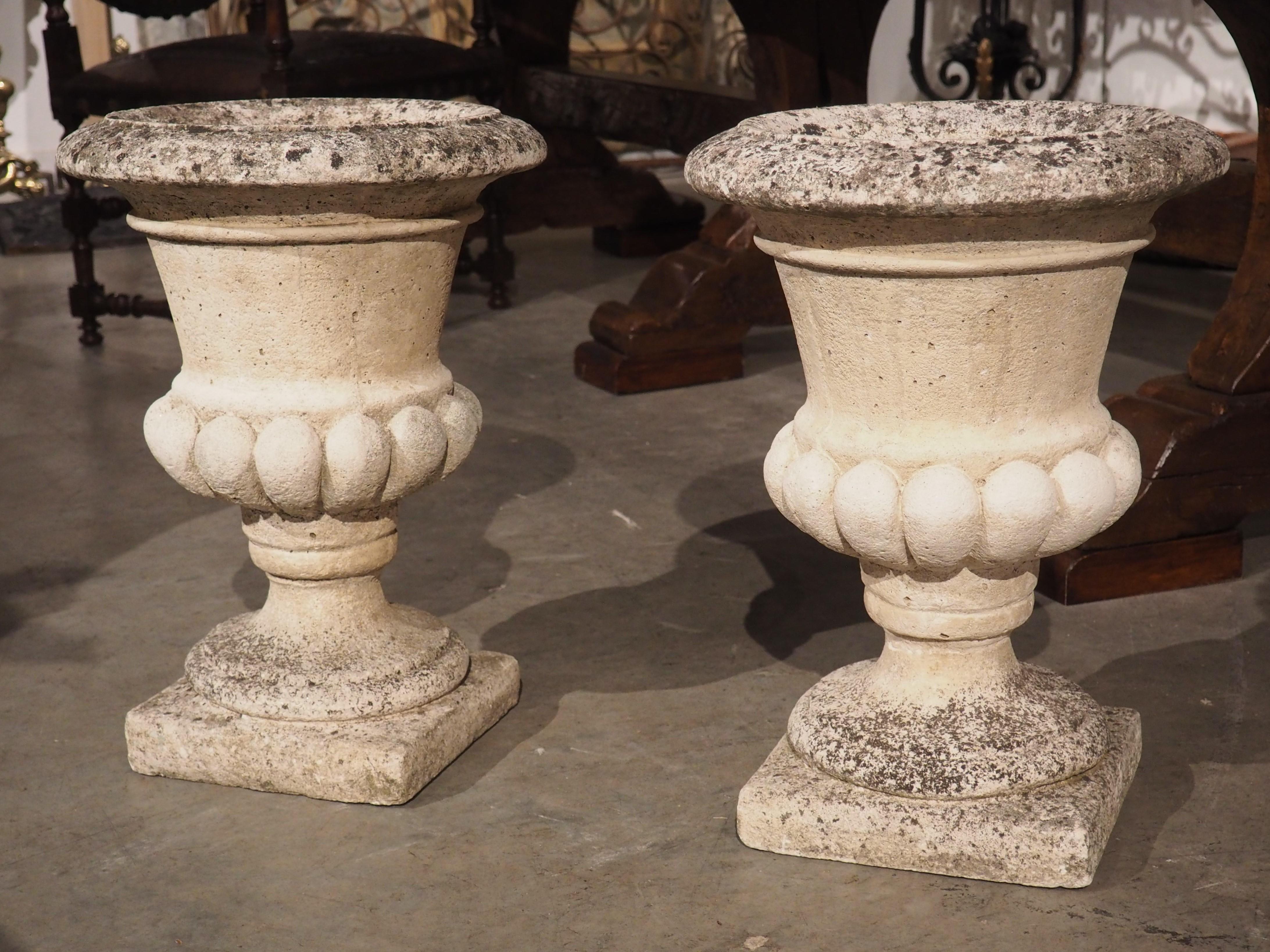 With a form that resembles a classical campana urn, our pair of vintage garden urns have been embellished with thick gadrooned lobes along a bulbous section of the main bodies. The cream colored urns from France have developed a mottled black,